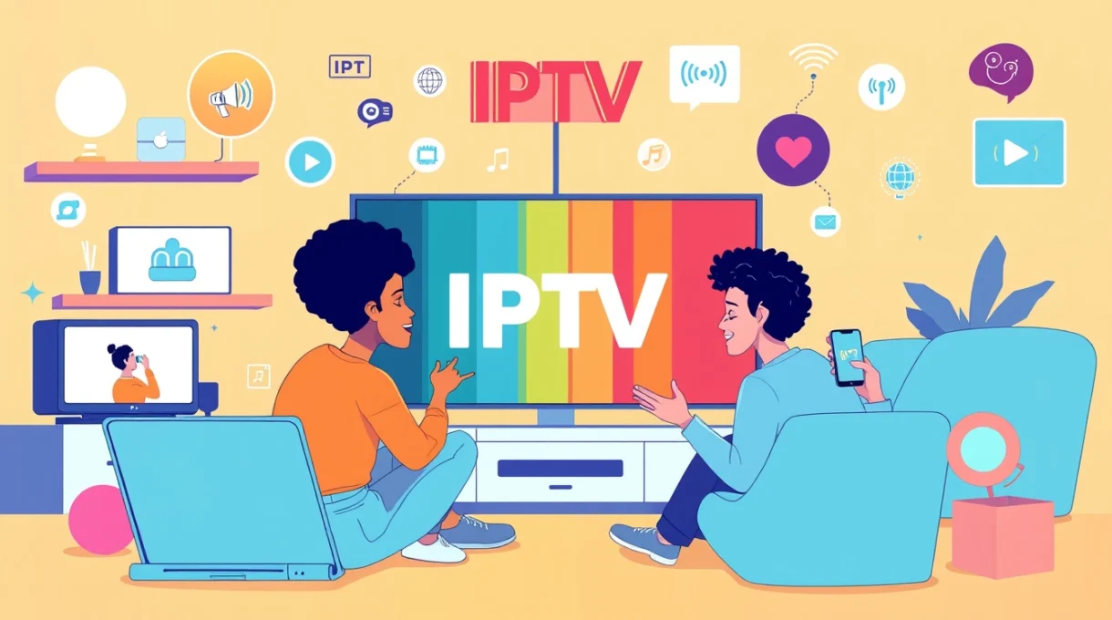 Illustration of IPTV technology streaming live TV channels and video content on various devices